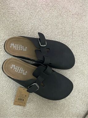 Black Leather Clog Mules with Adjustable Buckle